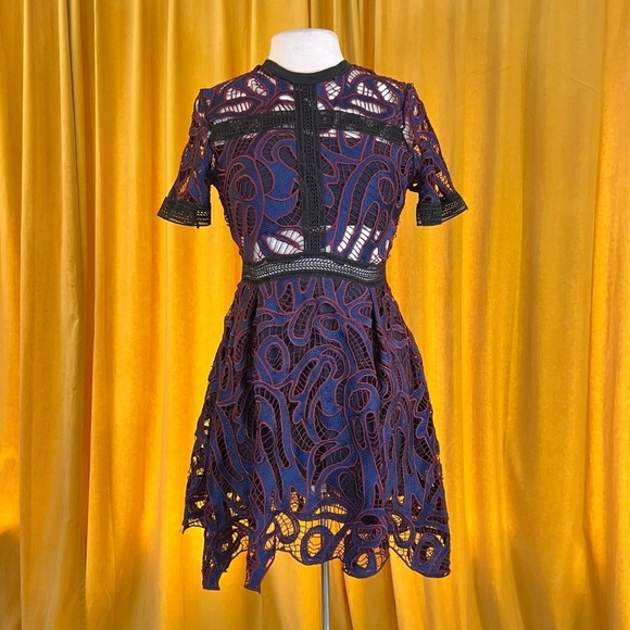 HAUTE ROGUE Cutout Asymmetrical Purple Black Lace Flared Mini Dress Women's M - Picture 2 of 6